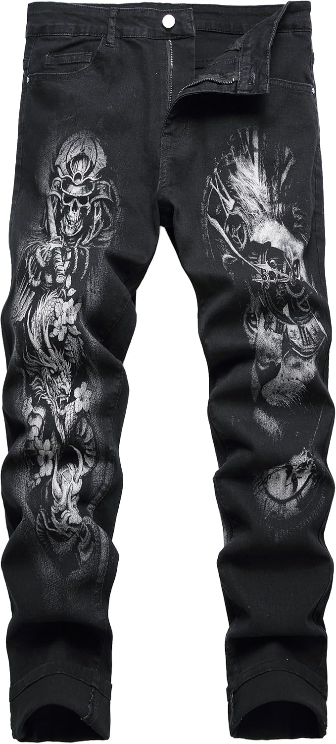 DANT BULUN Men's Fashion Casual Printed Jeans Stretch Skinny Denim Jogger Pants
