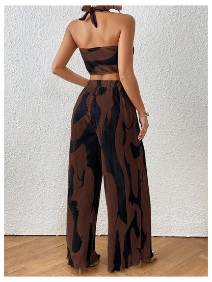 OYOANGLE Women's 2 Piece Outfits Graphic Print Knitted Crop Halter Top and Wide Leg Pants Set