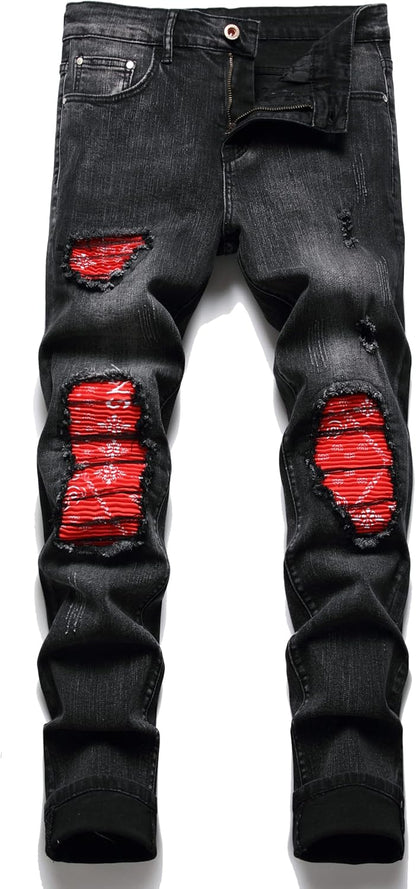 OIIIO Men's Patch Ripped Stretch Regular Fit Jean