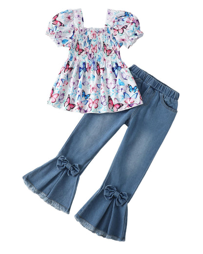 Kucnuzki Toddler Kids Girls Clothes Short Sleeve Shirt Top Flare Denim Jeans 2 Piece Outfits For Girls Cute Clothing Set