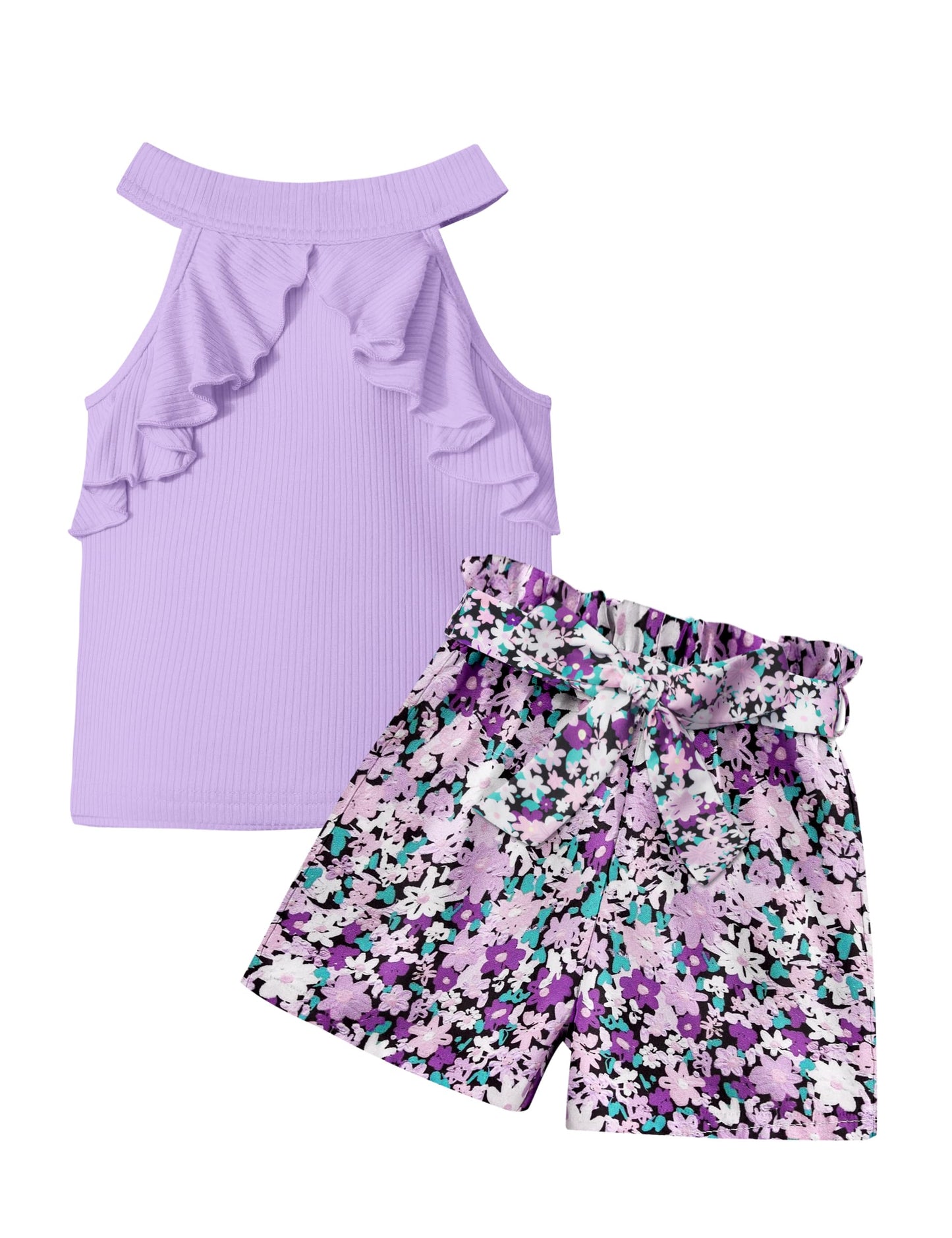 MIGU Girls Clothes Summer Halter Neck Ruffle Sleeveless Top Fashion Cute Floral Belt Shorts Two Piece Outfit Set Size 6-12