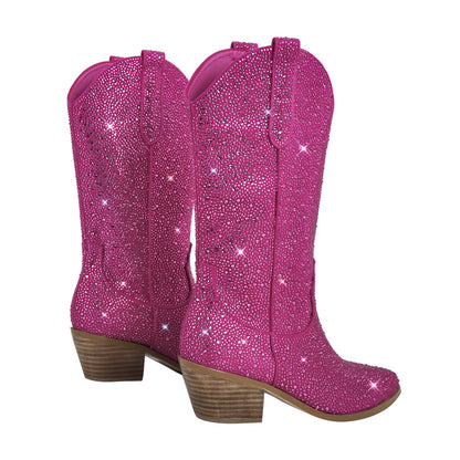 Richealnana Sparkly Rhinestones Cowboy Cowgirl Style Boots Calf High Boots for Women 2INCH Heeled Shining Pull On Tabs