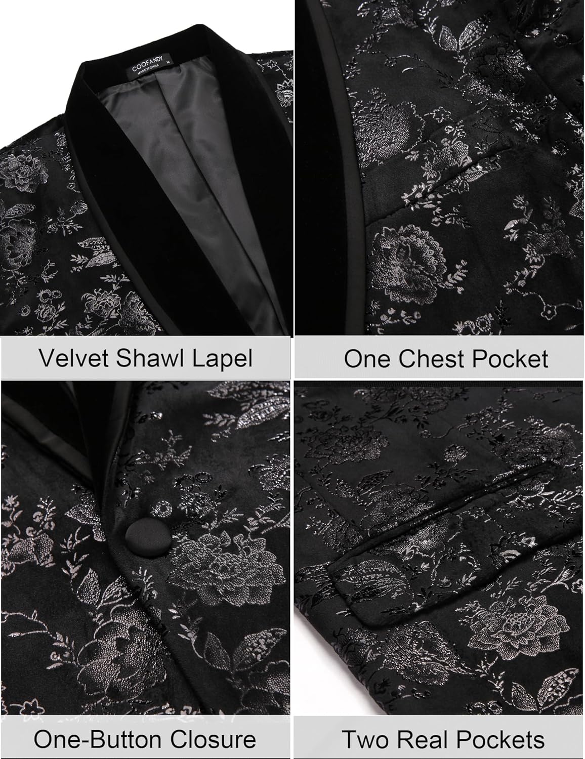 COOFANDY Men's Velvet Tuxedo Floral Blazer Jacket One Button Shawl Lapel Suit Jacket for Dinner Prom Party Wedding