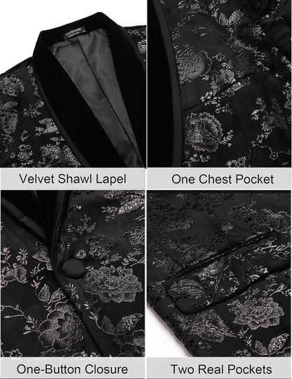 COOFANDY Men's Velvet Tuxedo Floral Blazer Jacket One Button Shawl Lapel Suit Jacket for Dinner Prom Party Wedding