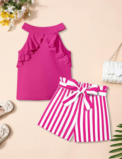 MIGU Girls Clothes Summer Halter Neck Ruffle Sleeveless Top Fashion Cute Floral Belt Shorts Two Piece Outfit Set Size 6-12