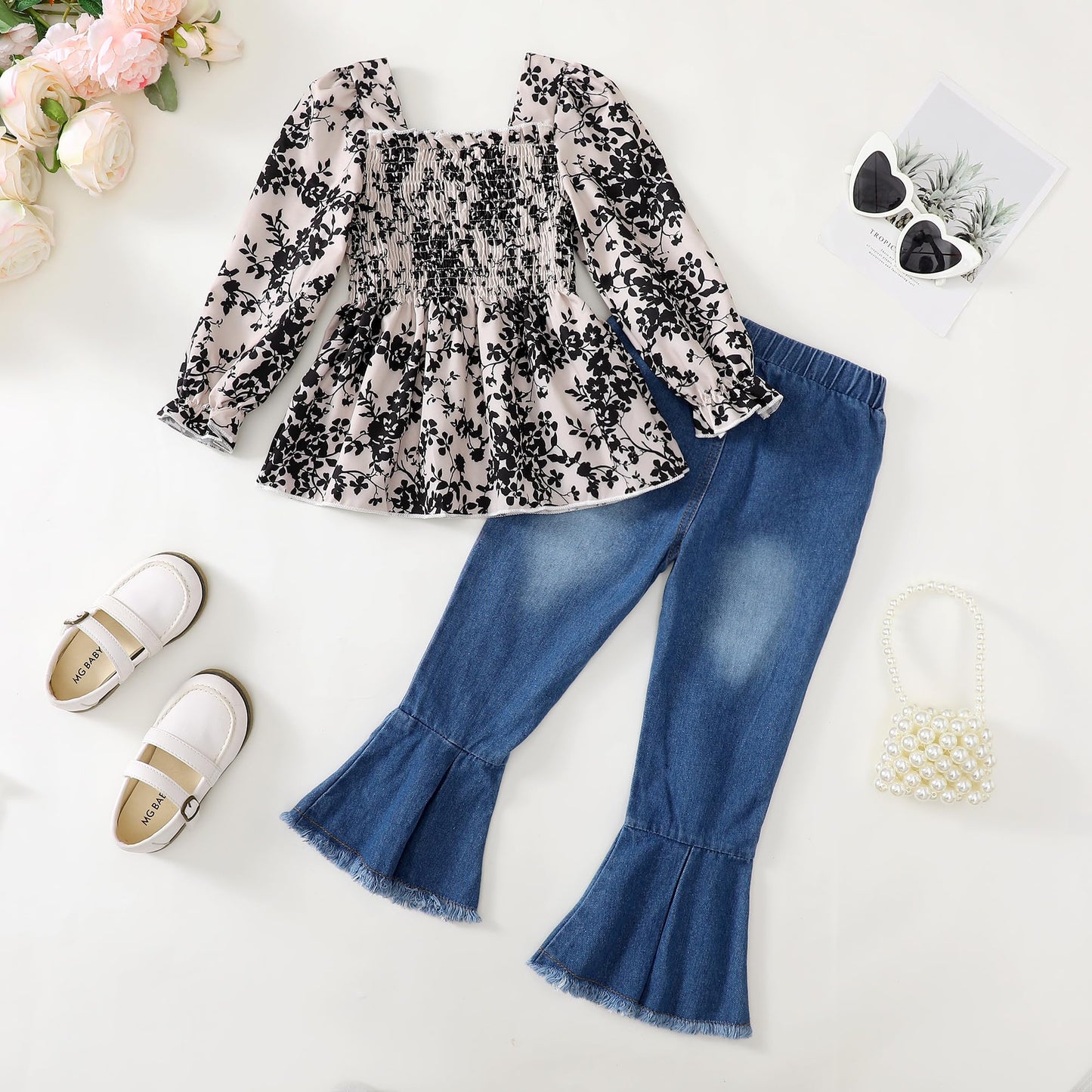 Kucnuzki Toddler Kids Girls Clothes Short Sleeve Shirt Top Flare Denim Jeans 2 Piece Outfits For Girls Cute Clothing Set