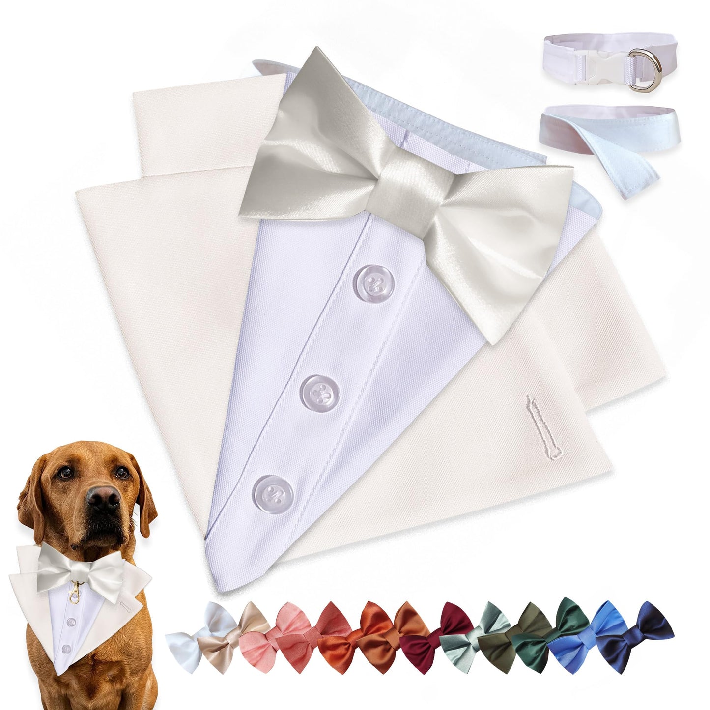 Custom-Fit Dog Tuxedo with Bow Tie & Lapel Uncut Cham Eyelet | Keyhole Fishtail Buttonhole Design | Optional Ring Bearer Clasp | Perfect Outfit for Wedding & Birthday by ACORD EU (Tan)