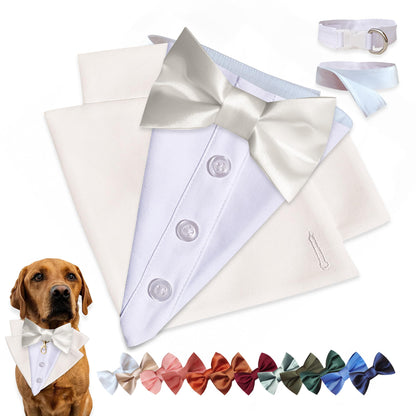 Custom-Fit Dog Tuxedo with Bow Tie & Lapel Uncut Cham Eyelet | Keyhole Fishtail Buttonhole Design | Optional Ring Bearer Clasp | Perfect Outfit for Wedding & Birthday by ACORD EU (Tan)