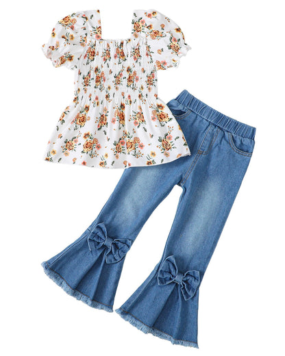 Kucnuzki Toddler Kids Girls Clothes Short Sleeve Shirt Top Flare Denim Jeans 2 Piece Outfits For Girls Cute Clothing Set