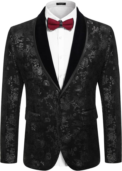 COOFANDY Men's Velvet Tuxedo Floral Blazer Jacket One Button Shawl Lapel Suit Jacket for Dinner Prom Party Wedding