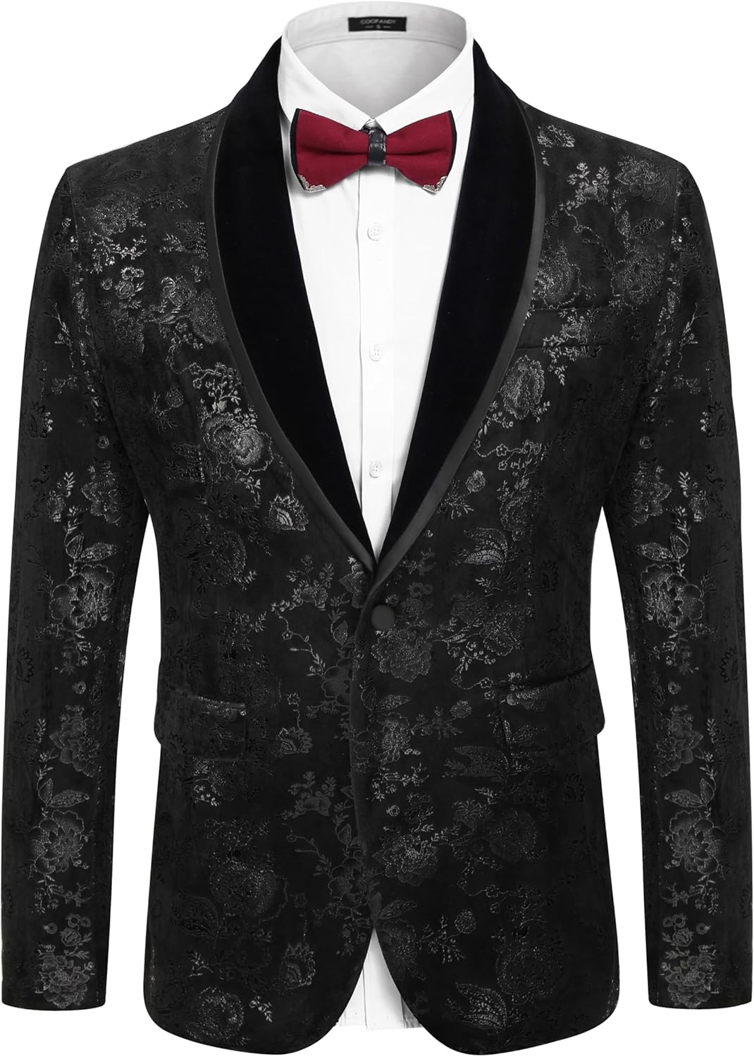 COOFANDY Men's Velvet Tuxedo Floral Blazer Jacket One Button Shawl Lapel Suit Jacket for Dinner Prom Party Wedding