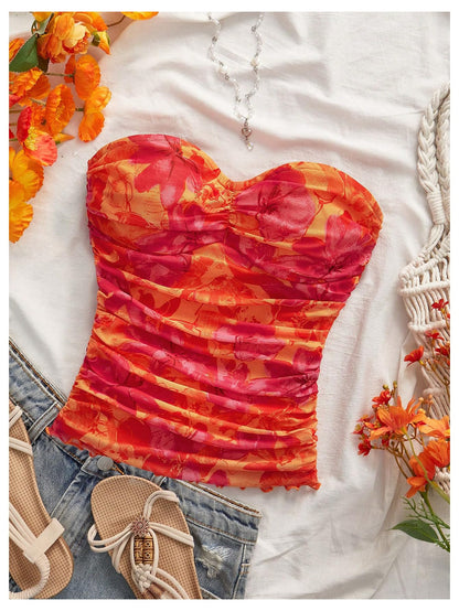 WDIRARA Women's Floral Mesh Tube Top Strapless Ruched Bandeau Summer Vacation Crop Tops