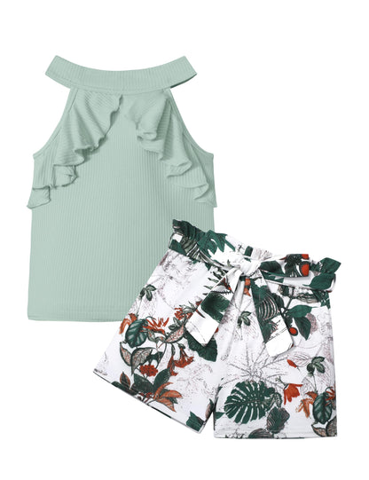 MIGU Girls Clothes Summer Halter Neck Ruffle Sleeveless Top Fashion Cute Floral Belt Shorts Two Piece Outfit Set Size 6-12