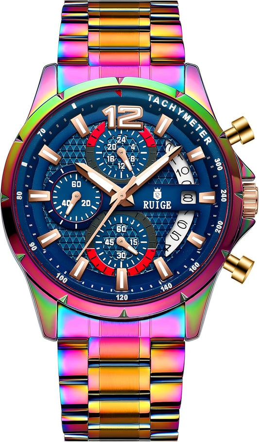 RUIGE Sports Chronograph Colorful Series Multi Functional Men's Quartz Watch Stainless Steel Material Men's Night Light Waterproof Fashion Trend Watch Diameter 42MM N3-3