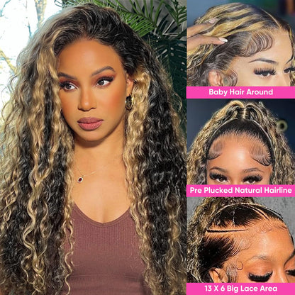 1B/30 Deep Wave Lace Front Wigs Human Hair Pre Plucked Balayage Ombre Brown Curly Lace Front Wig Human Hair13x4 HD Lace Frontal Glueless Wigs for Women 180% Density 26 Inch