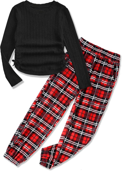 Girls' Clothing Sets Ribbed Knit Crewneck T-Shirt & Camo Print Elastic Waist Pants Girls Clothes Size 6-16Y