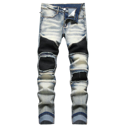 XIMXIMMTIAN Men's Biker Moto Washed Distressed Slim Fit Straight Jeans Denim