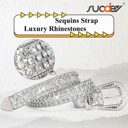 SUOSDEY Rhinestone Belt Unisex Sequin Strap Bling Crystal Western Studs Glitter Luxury Belt for Jeans Pants Dress