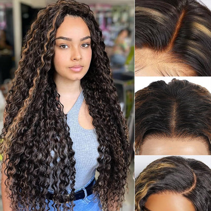 1B/30 Deep Wave Lace Front Wigs Human Hair Pre Plucked Balayage Ombre Brown Curly Lace Front Wig Human Hair13x4 HD Lace Frontal Glueless Wigs for Women 180% Density 26 Inch