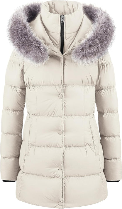 CREATMO US Women's Winter Snow Jacket Long Fur Puffer Coat With Removable Faux Fur Trim