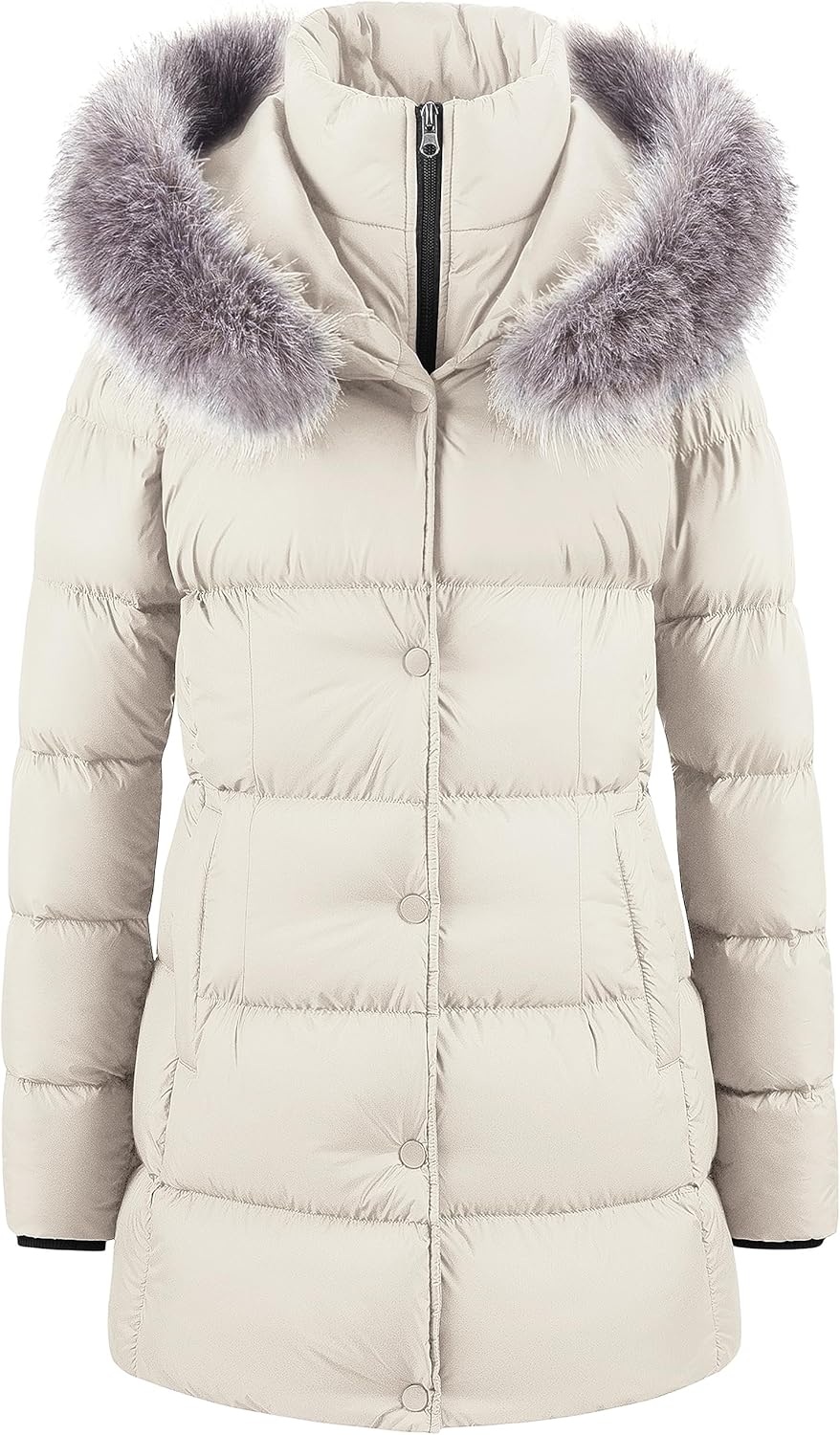 CREATMO US Women's Winter Snow Jacket Long Fur Puffer Coat With Removable Faux Fur Trim