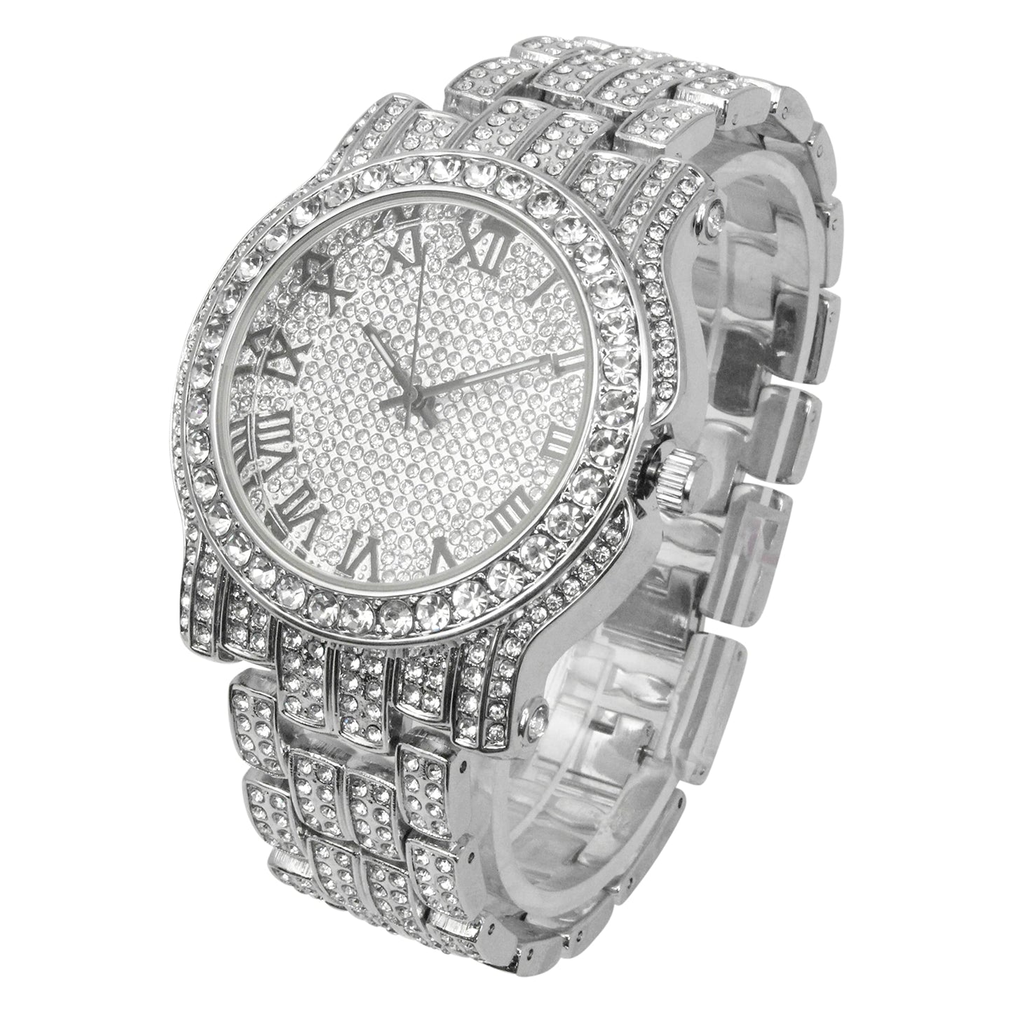 Charles Raymond Bling-ed Out Silver Round Luxury Mens Watch w/Bling-ed Out Bracelet - L0504B