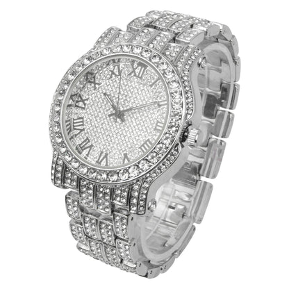 Charles Raymond Bling-ed Out Silver Round Luxury Mens Watch w/Bling-ed Out Bracelet - L0504B