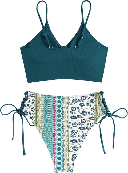 ZAFUL Women V Neck Bikini Set Ruched Tie Front High Waisted Floral Print Ribbed 2 Piece Bathing Suit Swimsuits