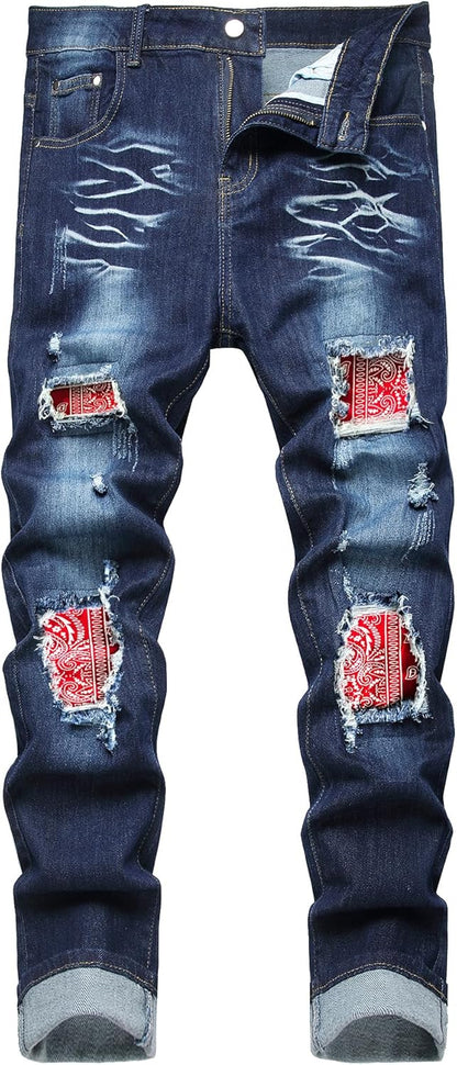 Baylvn Men's Designer Straight Slim Fit Patchwork Jeans Comfort Skinny Biker Denim Pants