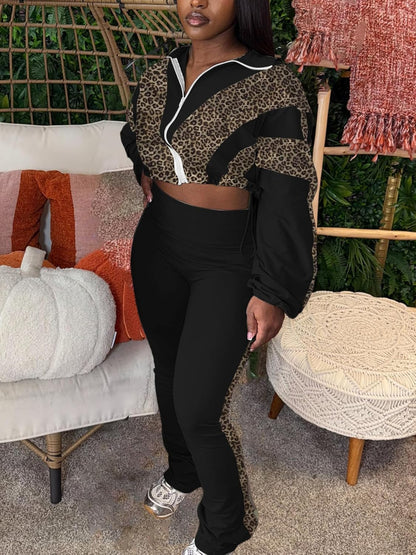 Women 2 Piece Outfit Long Sleeve Zip Up Crop Jacket High Waist Stretchy Pants