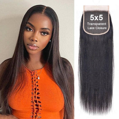 5x5 Transparent HD Lace Closure Body Wave Human Hair Closure Invisible Ultra-thin 5x5 Lace Closure Brazilian Raw Virgin Human Hair Pre Plucked Natural Black 16 Inch