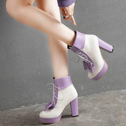 Parisuit Womens Dress Kawaii Boots Chunky High Heel Platform Ankle Booties Lace Up Sweet Bow Shoes