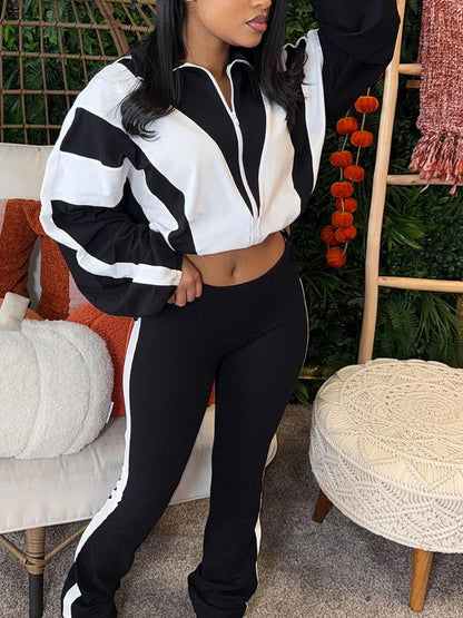 Women 2 Piece Outfit Long Sleeve Zip Up Crop Jacket High Waist Stretchy Pants