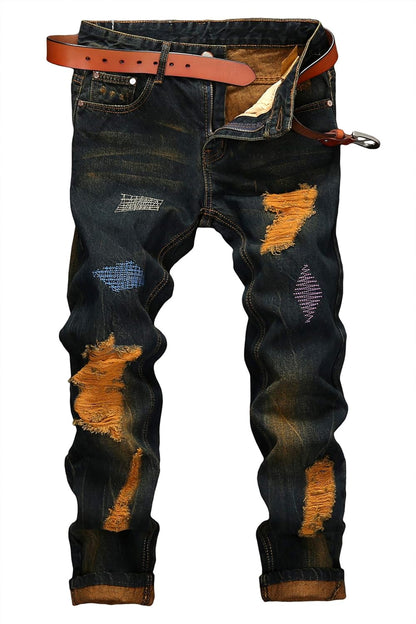 Enrica Men's Ripped Straight Slim Moto Biker Jeans