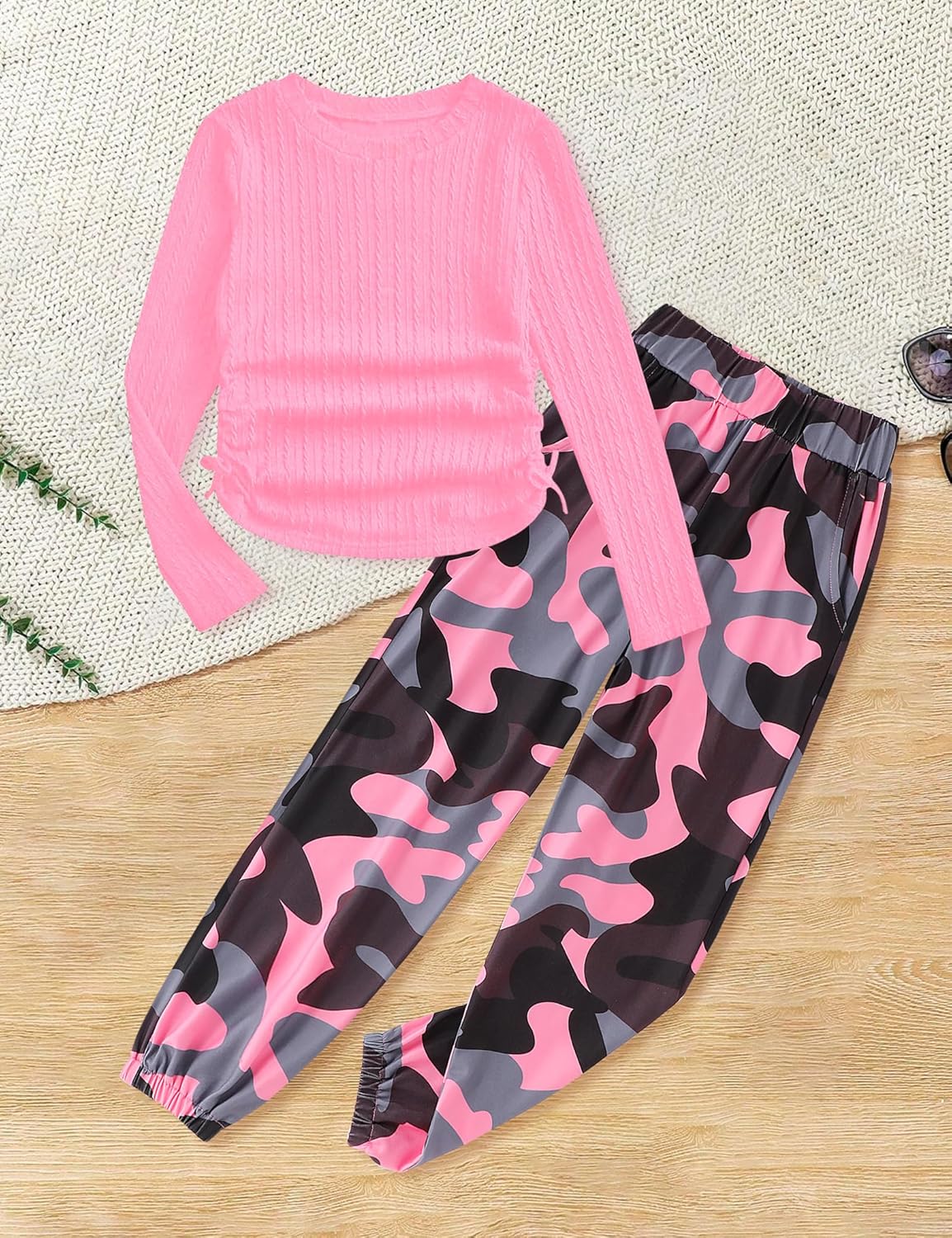 Girls' Clothing Sets Ribbed Knit Crewneck T-Shirt & Camo Print Elastic Waist Pants Girls Clothes Size 6-16Y