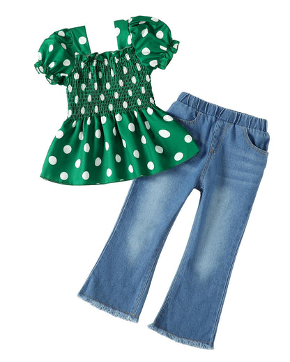 Kucnuzki Toddler Kids Girls Clothes Short Sleeve Shirt Top Flare Denim Jeans 2 Piece Outfits For Girls Cute Clothing Set