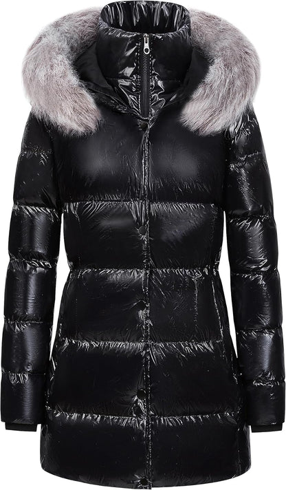 CREATMO US Women's Winter Snow Jacket Long Fur Puffer Coat With Removable Faux Fur Trim
