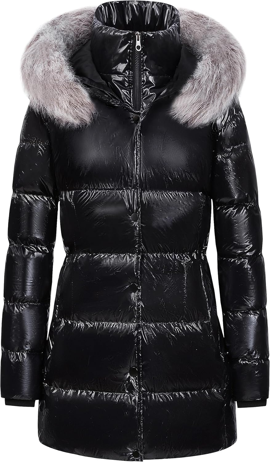 CREATMO US Women's Winter Snow Jacket Long Fur Puffer Coat With Removable Faux Fur Trim
