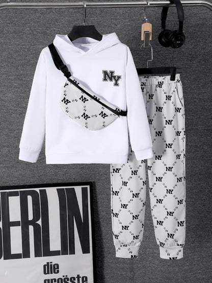 PureChapter Boys' Fashion 3Pcs Pullover Hoodies Sweatshirt Suit Crossbody Bag Stylish Clothes Kids Clothes