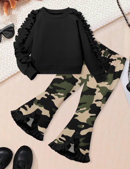 Toddler Girl Clothes Camo Girls Outfits Ruffle Sleeve Tops + Bell Bottom Flared Pants 2 Piece Winter Sweatsuit 2-10T