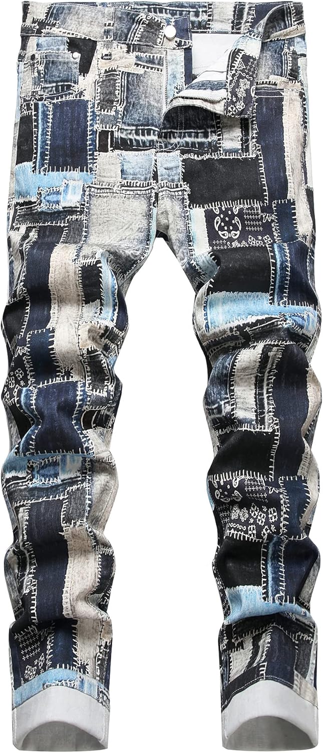 Baylvn Men's Designer Straight Slim Fit Patchwork Jeans Comfort Skinny Biker Denim Pants