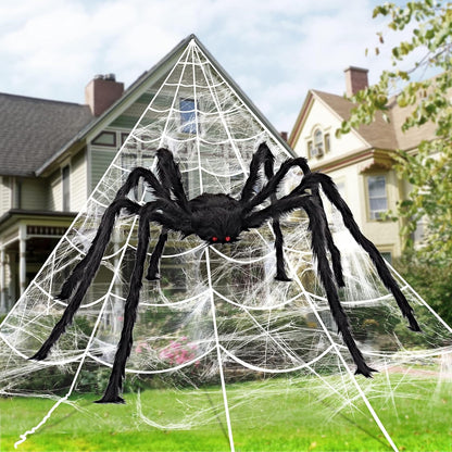 JOYIN Halloween Decoration Outdoor, 59‘’ Giant Spider with Spider Web Outside Decor, Triangular Spiderweb 16.4 x 15.7 ft and Stretchy Cobweb 100g for Yard Haunted House Indoor Decor Supplies