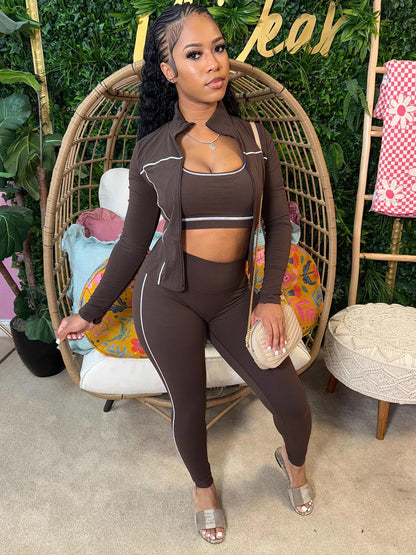 Womens Lounge 3 Piece Outfits Long Sleeve High Neck Zipper Slim Jacket Bodycon Pants Tracksuits Workout Set