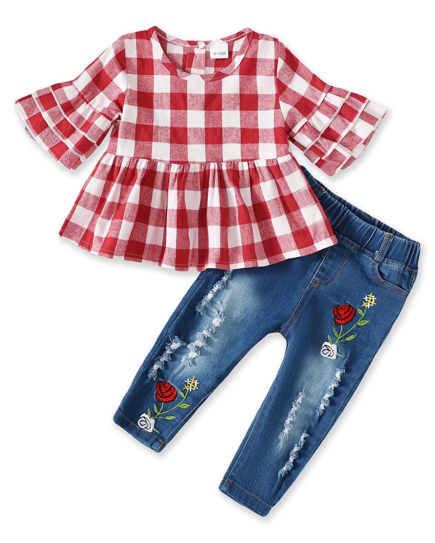 NZRVAWS Baby Girl Clothes Toddler Girl Outfits Infant Ruffle Shirt Denim Ripped Jeans Cute Clothing Set