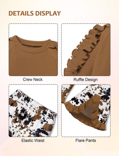 Toddler Girl Clothes Camo Girls Outfits Ruffle Sleeve Tops + Bell Bottom Flared Pants 2 Piece Winter Sweatsuit 2-10T