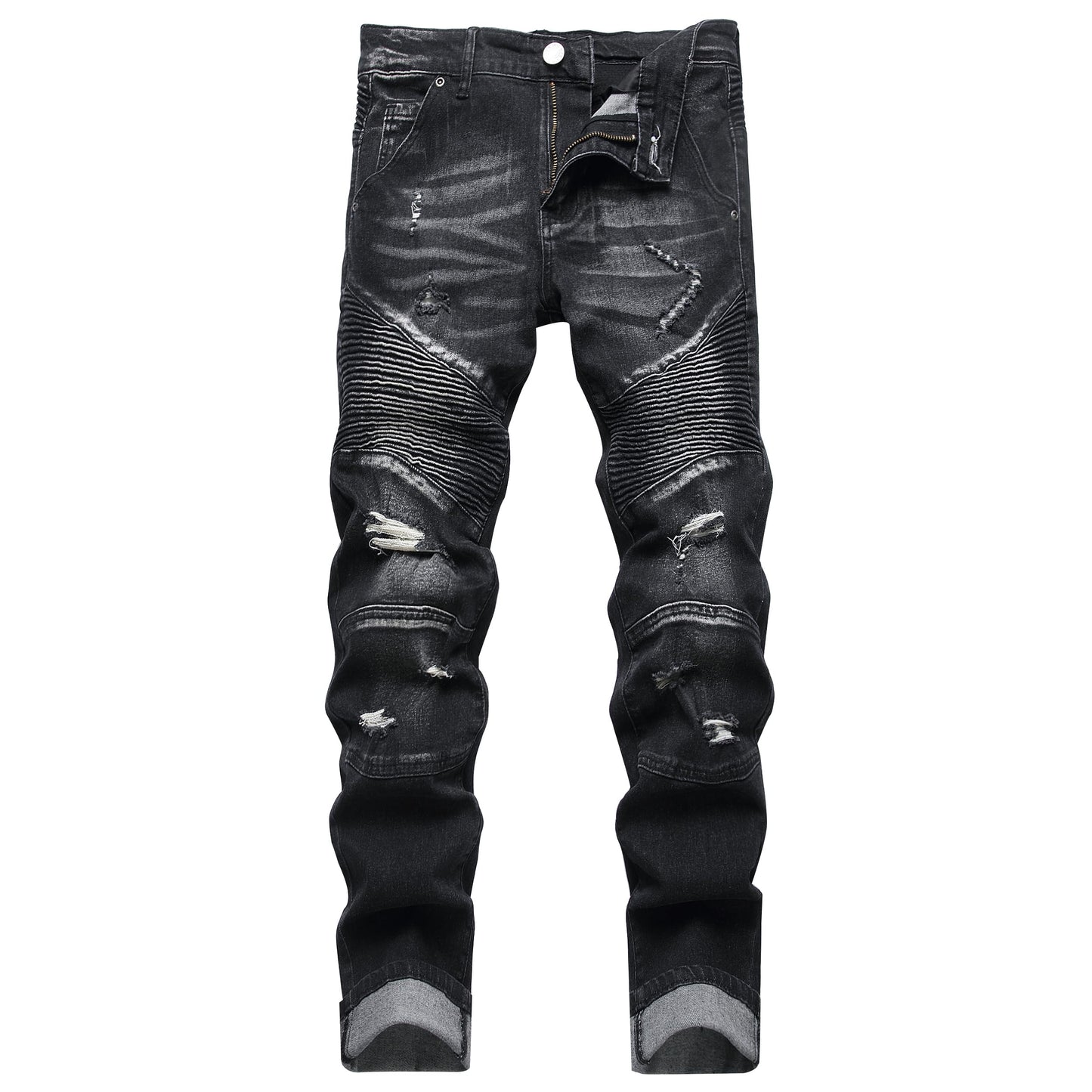 XIMXIMMTIAN Men's Biker Moto Washed Distressed Slim Fit Straight Jeans Denim