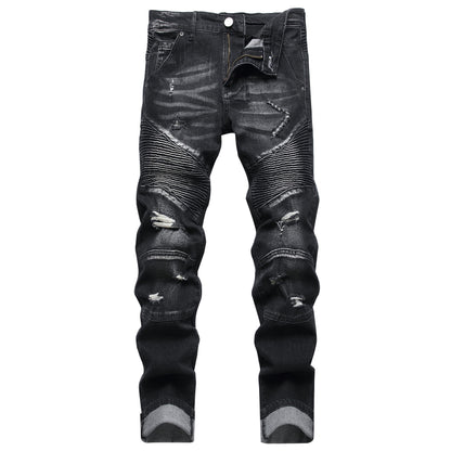 XIMXIMMTIAN Men's Biker Moto Washed Distressed Slim Fit Straight Jeans Denim