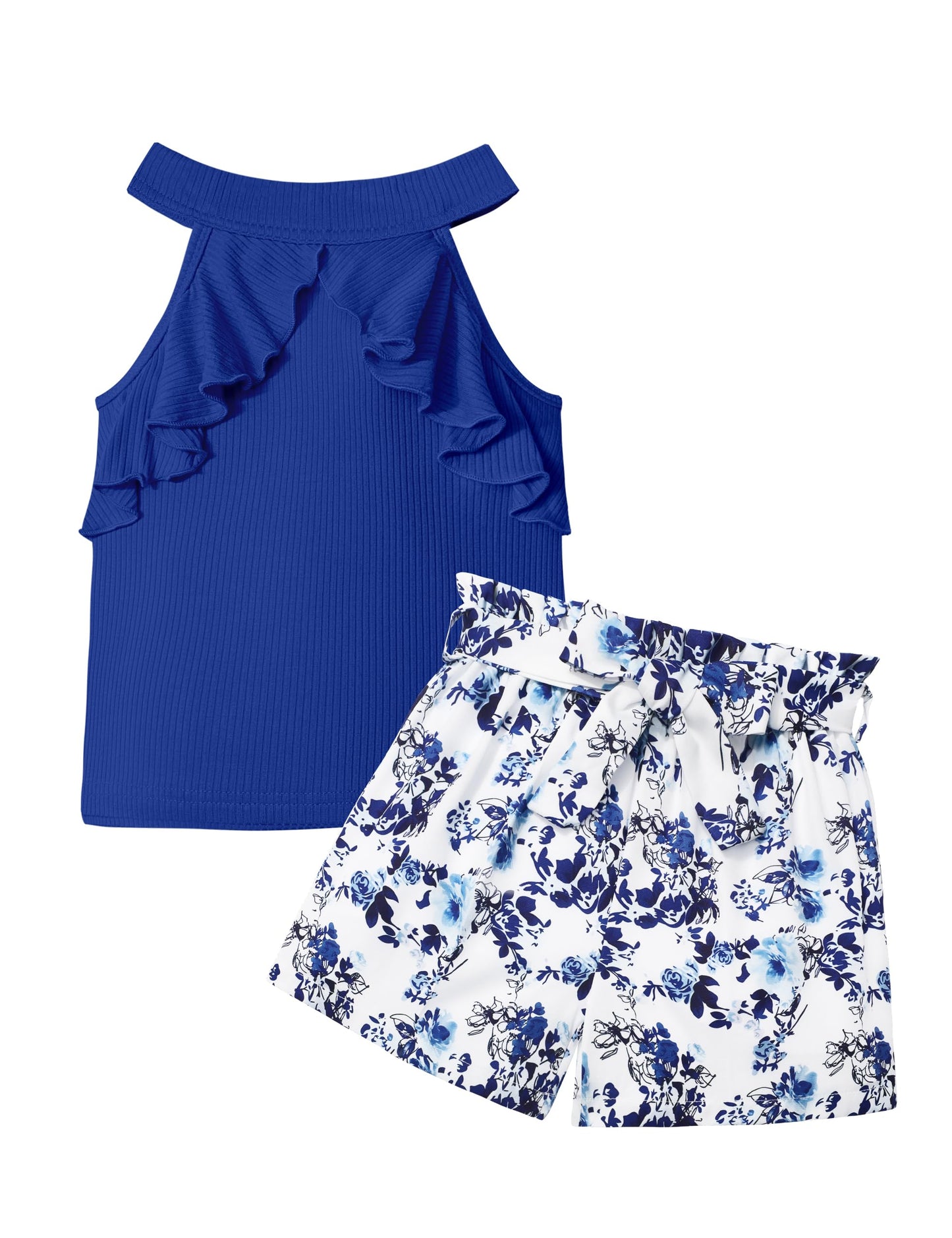 MIGU Girls Clothes Summer Halter Neck Ruffle Sleeveless Top Fashion Cute Floral Belt Shorts Two Piece Outfit Set Size 6-12