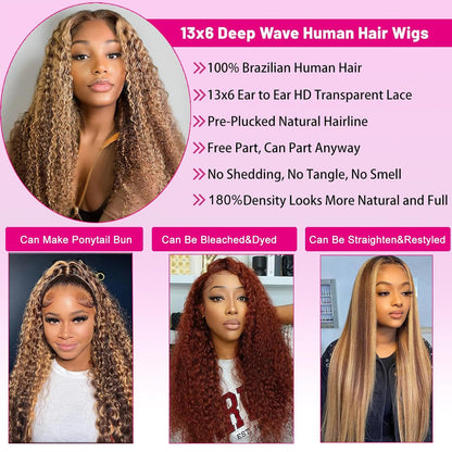 20Inch Deep Wave Lace Front Wigs Human Hair-13x4 HD Transparent Deep Wave Frontal Wigs Human Hair Glueless Curly Wigs for Women 200% Density Curly Lace Front Human Hair Pre Plucked with Baby Hair