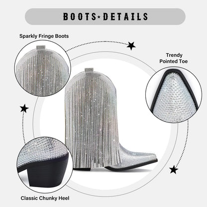 Fringe Cowboy Boots for Women – Mid Calf Cowgirl Boots with Star Studded, Pointed Toe and Chunky Heel, Perfect for Country Music Festivals